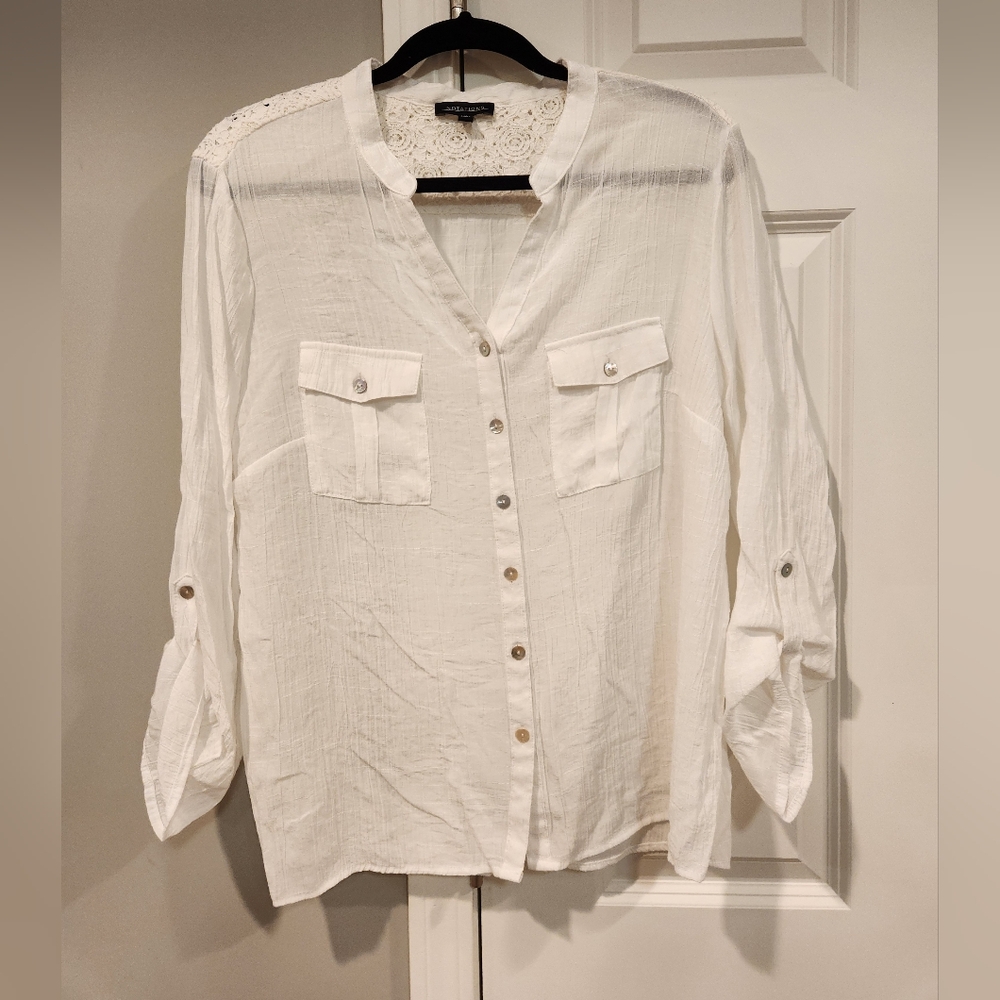 Notations White Crochet Yoke Button-Front Blouse- Large